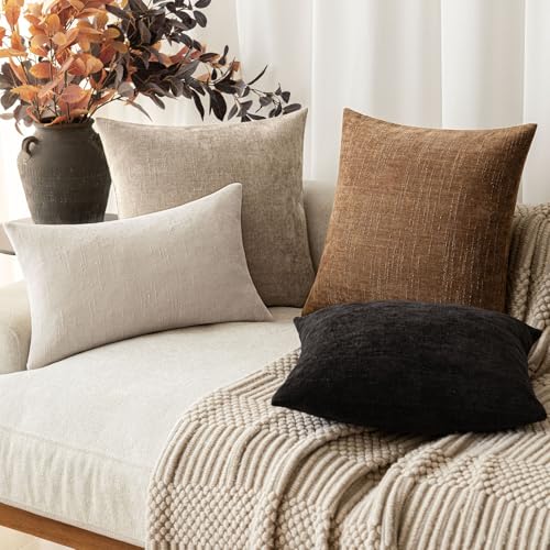Foindtower Pack of 2 Textured Chenille Throw Decorative Pillow Covers Square Accent Solid Cushion Cover Neutral Farmhouse ...