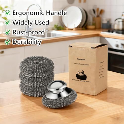 Steel Wool Scrubber, 4-Pack Stainless Steel Scrubber Pads with Handle - The Ultimate Scouring Solution for Rust, Stubborn ...