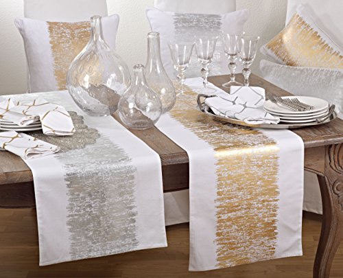 SARO LIFESTYLE Agatha Collection Metallic Banded Design Cotton Table Runner, 16" x 90", Silver