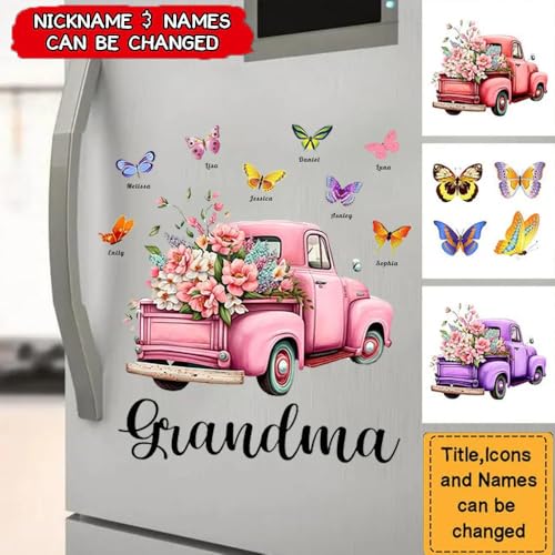 Grandma Pink Floral Truck Butterflies Decal, Personalized Grandma Flower Truck Car Sticker, Custom Pink Butterfly Floral D...
