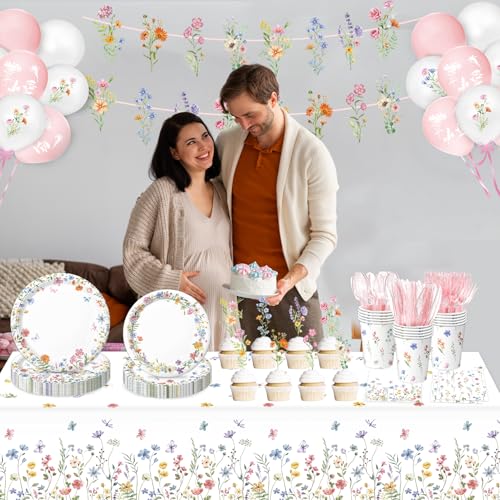 LINHAXM 175 PCS Spring Wildflower Party Decorations include Plates, Cups, Napkins, Cutlery, Cake Toppers, Banner, Tableclo...