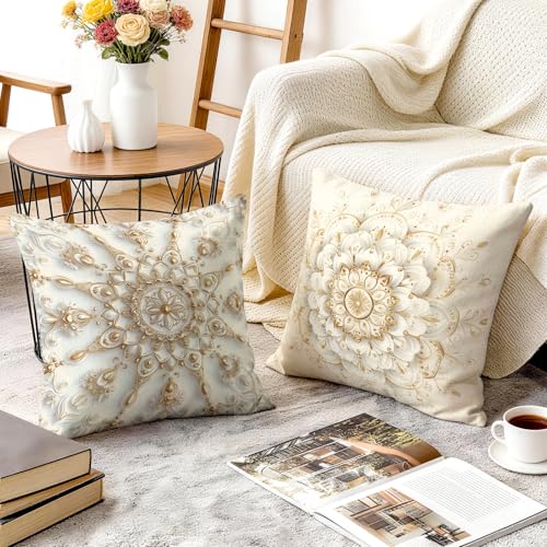 OBSEDE Golden Mandala Decorative Throw Pillow Covers 18x18 Set of 4, White and Gold Boho Cushion Case for Sofa Couch