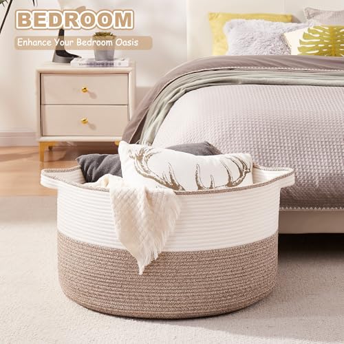 OIASKET Large Blanket Basket with Handles, 22.8" x 22.8" x 13" Woven Storage Basket for Living Room, Cotton Rope Baby Toy ...