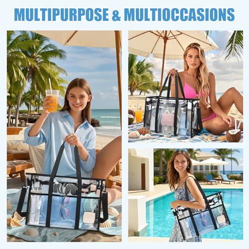 Women's Clear Beach Bag, 17" Large Clear Tote Bags with Phone Pouch and Strap, Heavy Duty Waterproof for Cruise, Pool