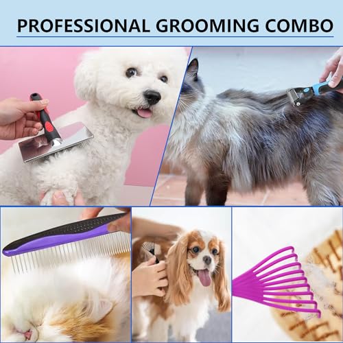 EAFBAO 5-in-1 Dog & Cat Extra Long Pin Grooming Kit Slicker Brush for Large Dogs Cats Remove Loose Fur, Undercoat Brush fo...