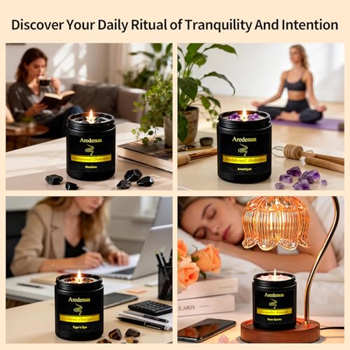 Aredenua Scented Candles Set, 4 Pack Crystal Healing Candles with Rose Quartz Amethyst Tiger Eye Obsidian, 7oz Natural Soy...