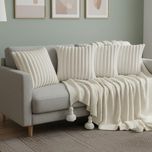 Cream White Throw Pillow Covers 18 x 18 set of 4, Cute Boho Throw Pillow Cover for Couch/Bed, Decorative Pillows Covers fo...