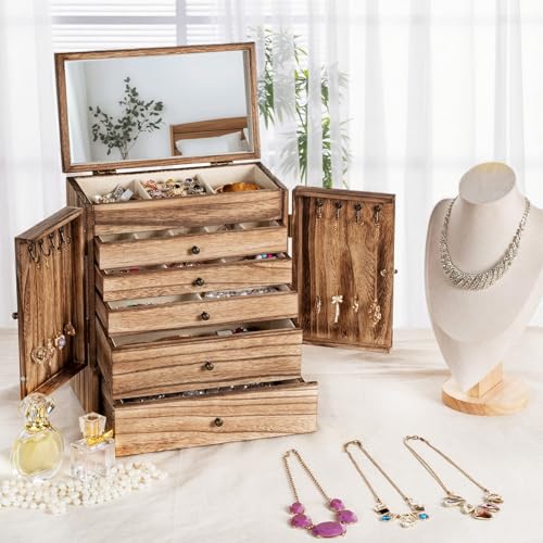 Emfogo Wooden Jewelry Box for Women, 6-Tier Large Jewelry Organizer Boxes with Mirror Rustic Solid Wood jewlery Storage Di...