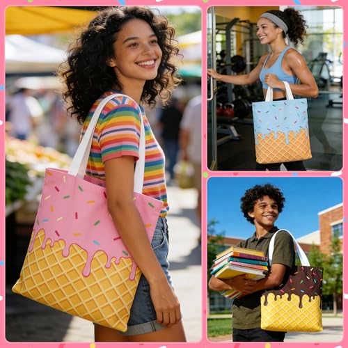 JATEBI 3 Pcs Ice Cream Canvas Tote Bag, Reusable Grocery Shopping Bag, Cute Shoulder Bag Gift for Ice Cream Lover Work Bea...