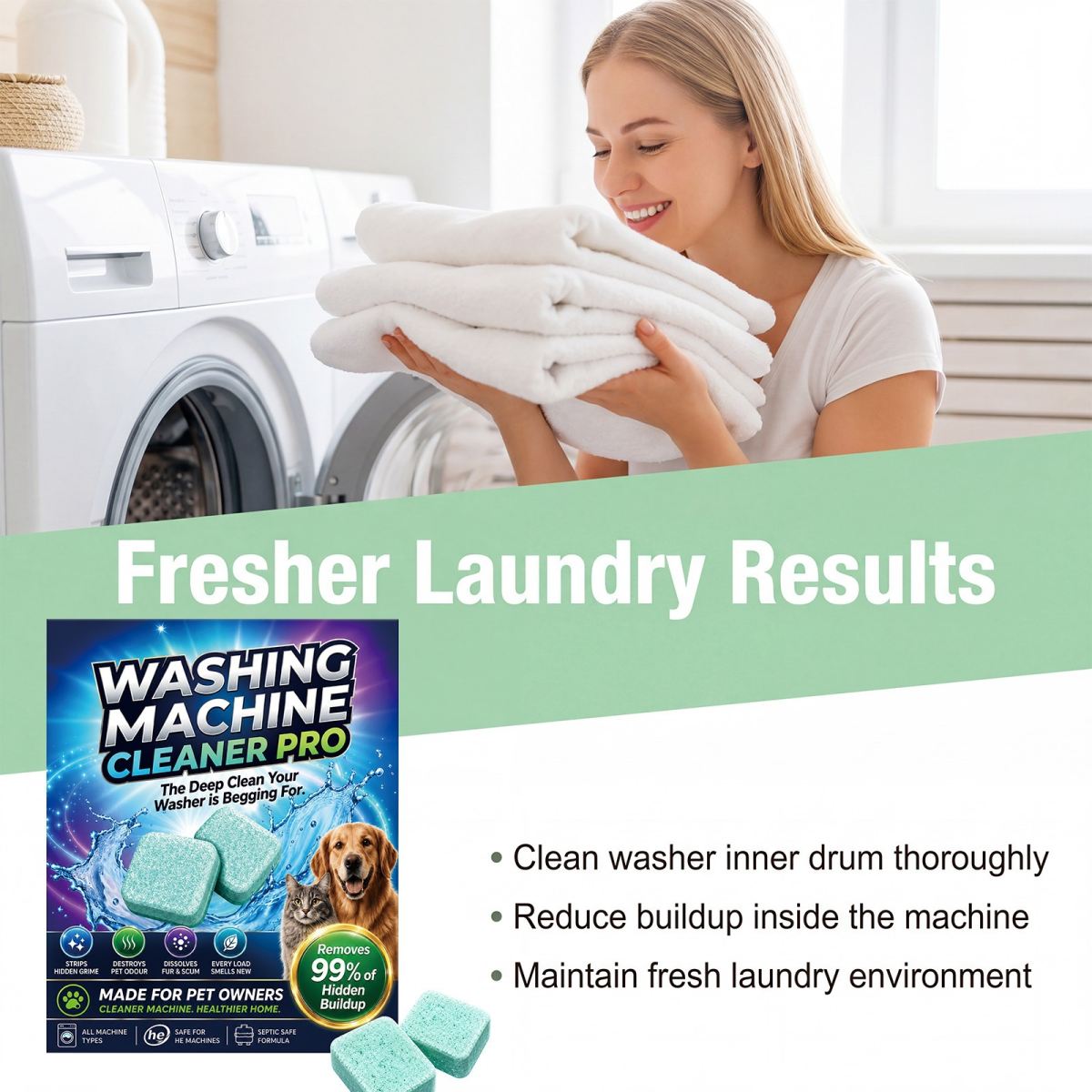 Washing Machine Cleaner Tablets 12pcs - Remove Pet Hair Odor from Drum Rubber Seal Gasket