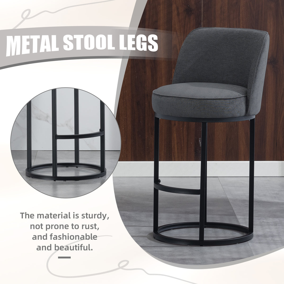 Counter Height Bar Stools Set Of 2, Modern Barrel Counter Stools With Backrest, Linen Fabric Upholstered Accent Bar Stools For Kitchen Island