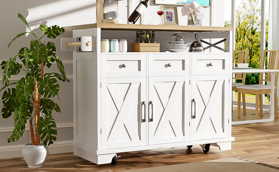 Modern Kitchen Island 118x43x98cm Kitchen Cabinet Dining Cabinet With Wood Grain Dining Trolley On Castors With Multifunctional Storage Space, Removable Dividers, With Towel Rail, White
