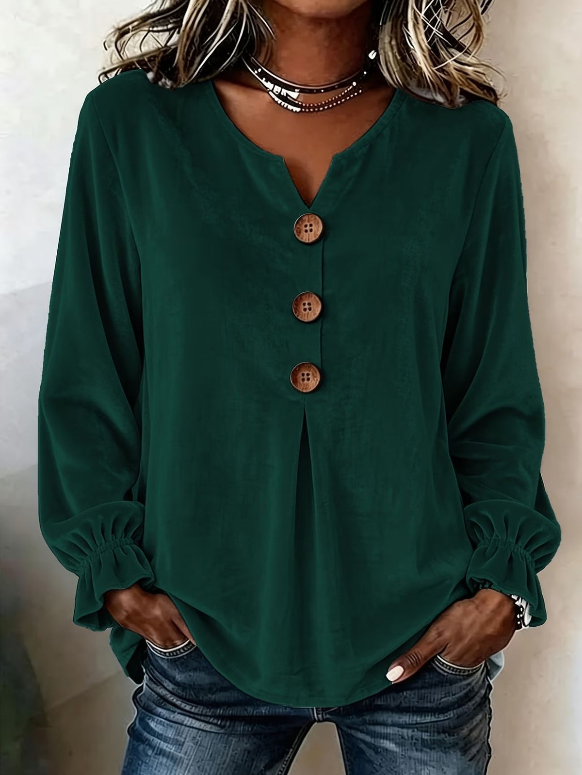 New Velvet Long Sleeve Blouse, Fashion V-Neck Button Shirt