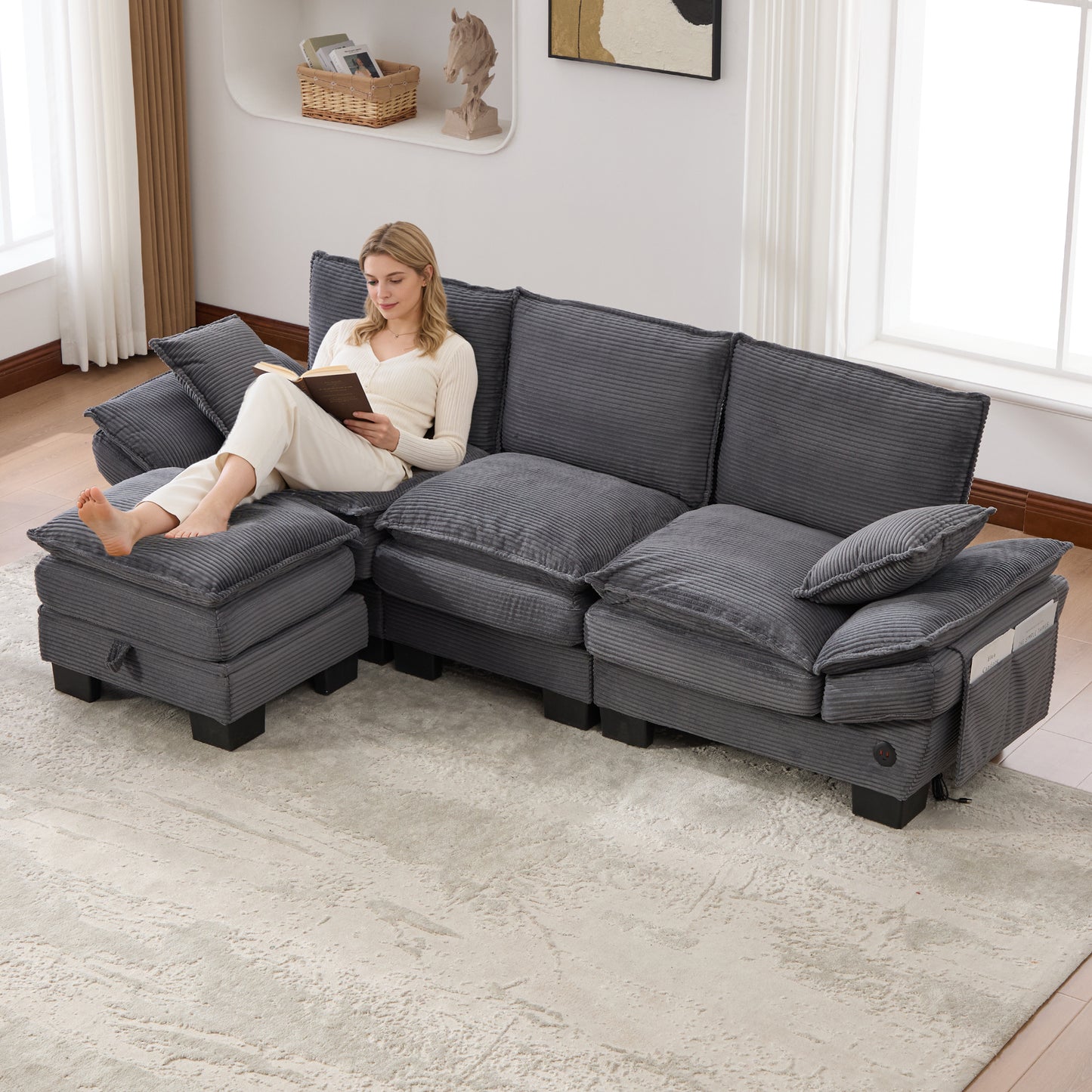 Modular 3-seater Corduroy Sofa With 1 Stool Wide Seat, Ergonomic Design, High-density Foam Padding, USB-C Port And Side Pockets.Ideal For Living Room, Office Or Lounge.DarkGray