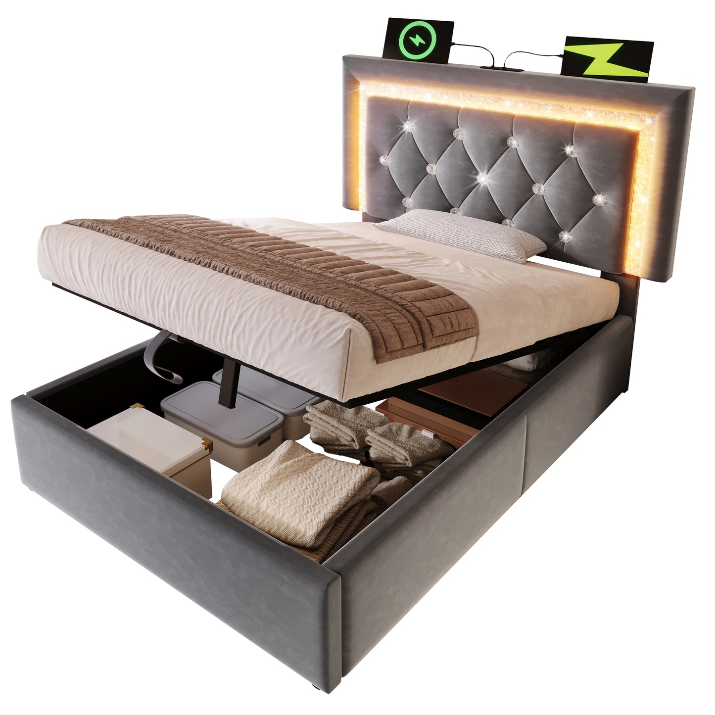 Upholstered Bed 90x200 Cm Velvet Single Bed With LED Diamond Band In The Headboard, USB & Type-C Charging Station, Hydraulic Bed Base With Storage Space, Modern Youth Bed With Slatted Frame, Grey