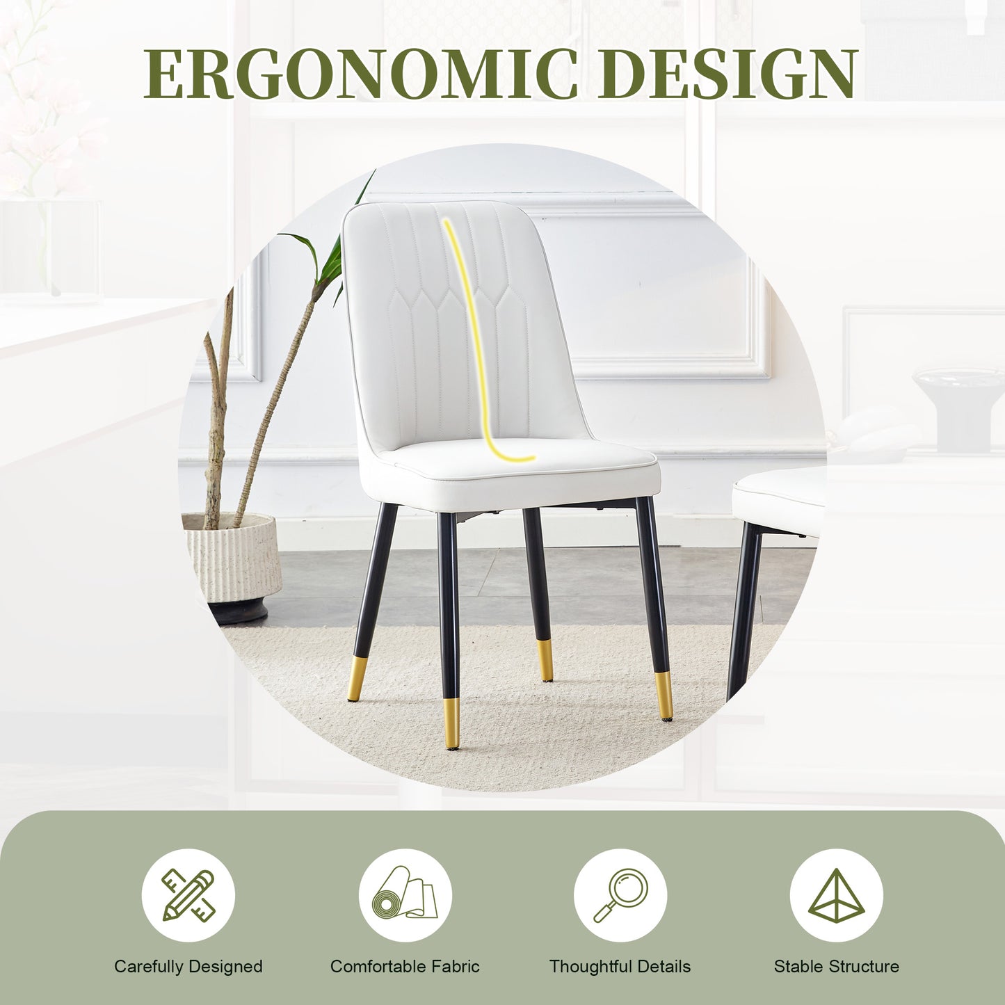 Set Of 2 Modern White Dining Chairs With White PU Leather Back Upholstery And Black Metal Legs, Suitable For A Wide Range Of Uses, Such As Dining Room, Kitchen And Bedroom.