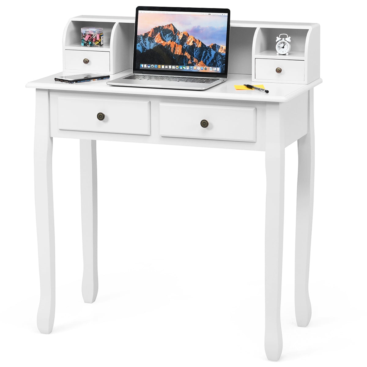 Writing Desk 2-Tier Vanity Desk Computer Desk With 4 Drawers-White