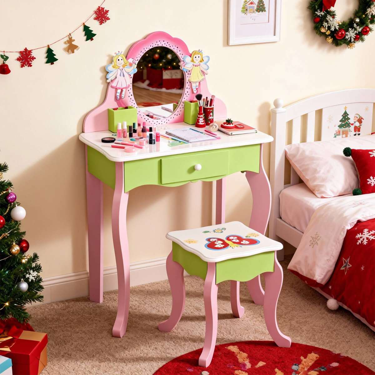 Kids Vanity Set With Mirror Drawer Flower Fairy Design Wooden Toddler Girls Makeup Dressing Table Chair Set For Over 3 Years Kids