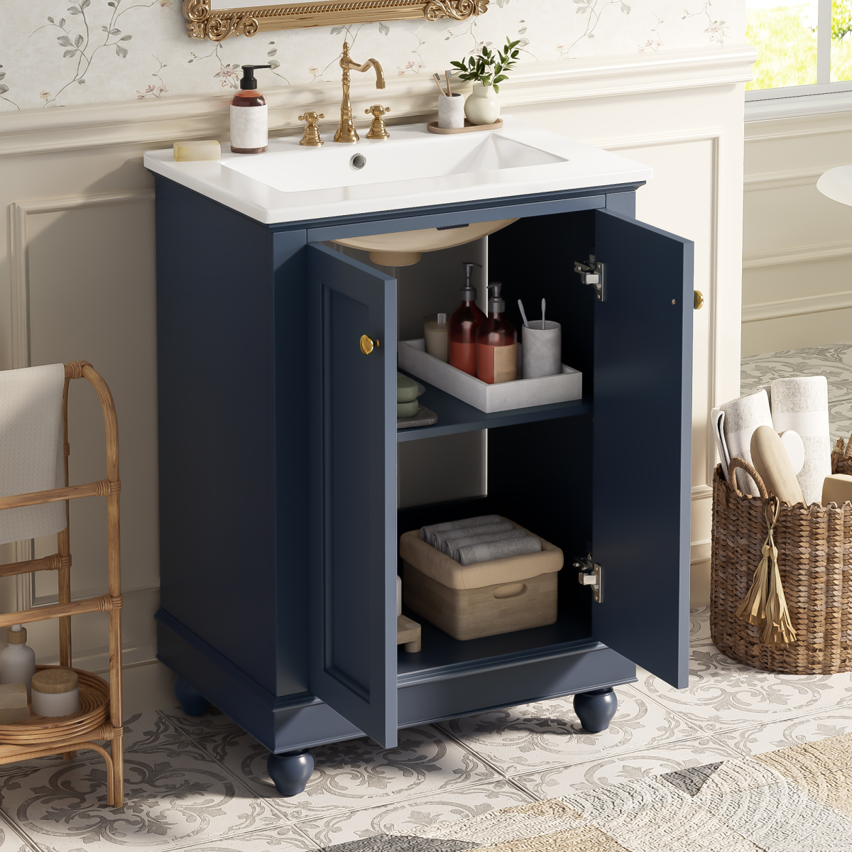 24 inch Modern Bathroom Vanity Cabinet, Simple & Elegant Design with Soft-Closing Storage, Adjustable Shelf, Bathroom Vanity with Ceramic Sink