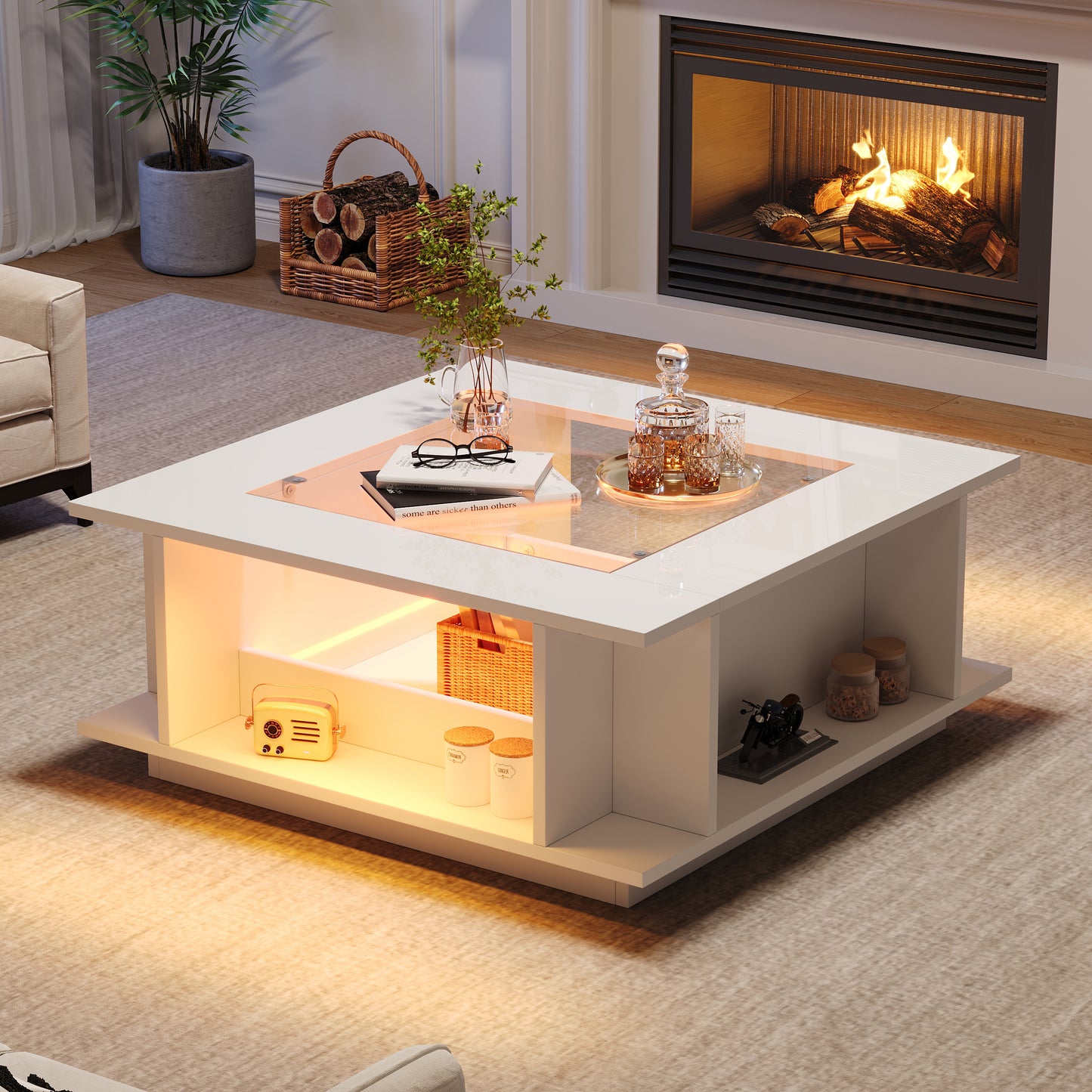Coffee Table 70x70x30 Cm, Square Coffee Table In White With Glass Top, High-gloss Surface & LED Lighting, Side Table, Coffee Table, Living Room Table Made Of Chipboard, Loadable Up To 30 Kg