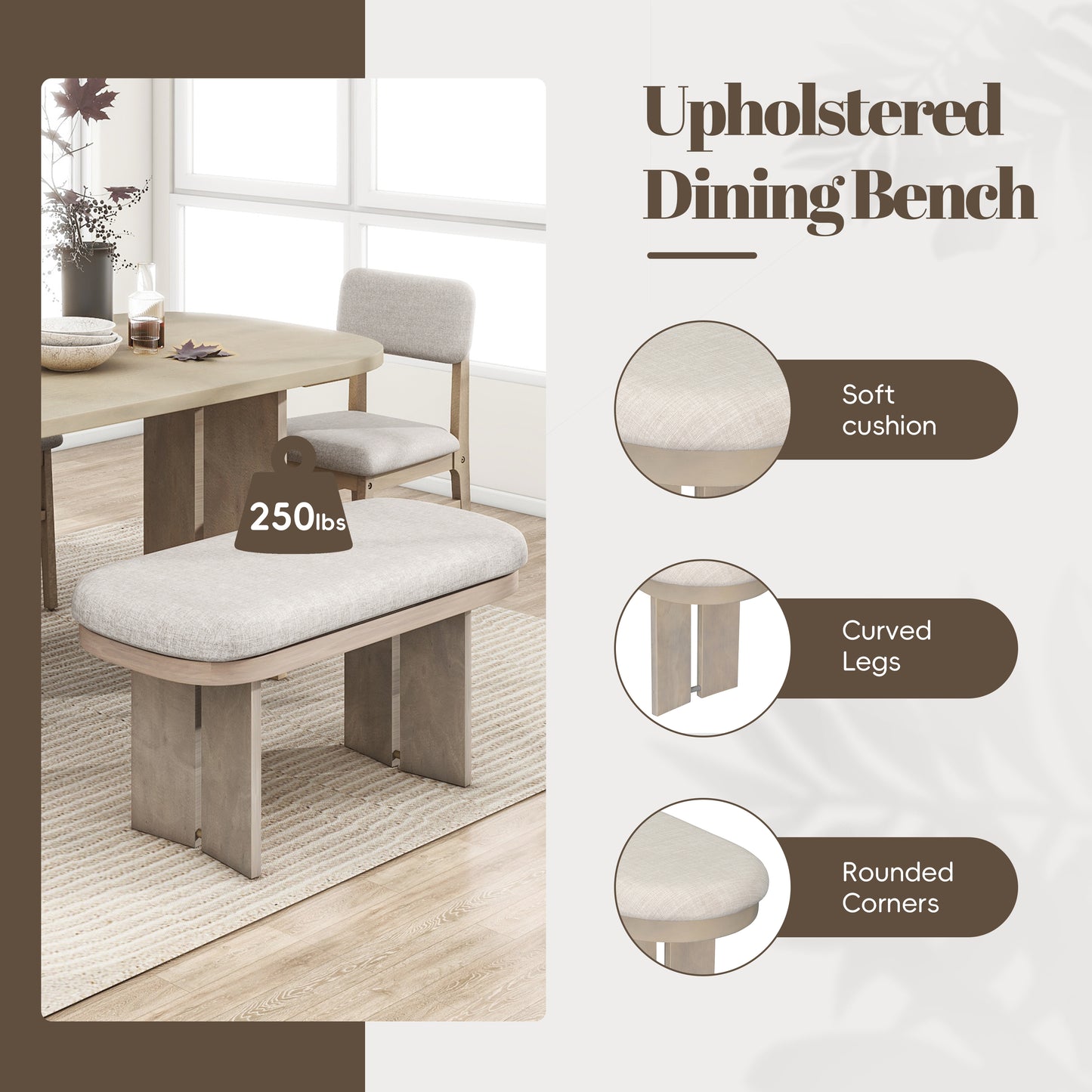 TOPMAx Solid Wood Dining Table Set With Bench - 6- Piece Upholstered Rectangular Dining Room Table Set With Bench 2- Color Modern Farmhouse Kitchen Furniture For Family Gatherings Natural