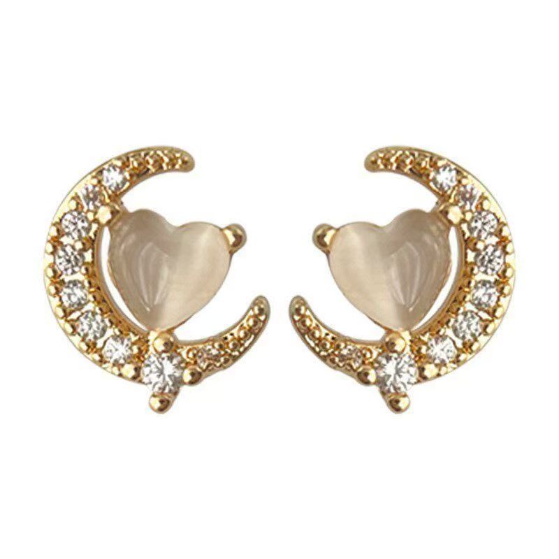 Korean Fashion Light Luxury Moon Stud Earrings For Women, Soft Sweet Fresh Style Cat's Eye Glass Stone Elegant Ear Jewelry