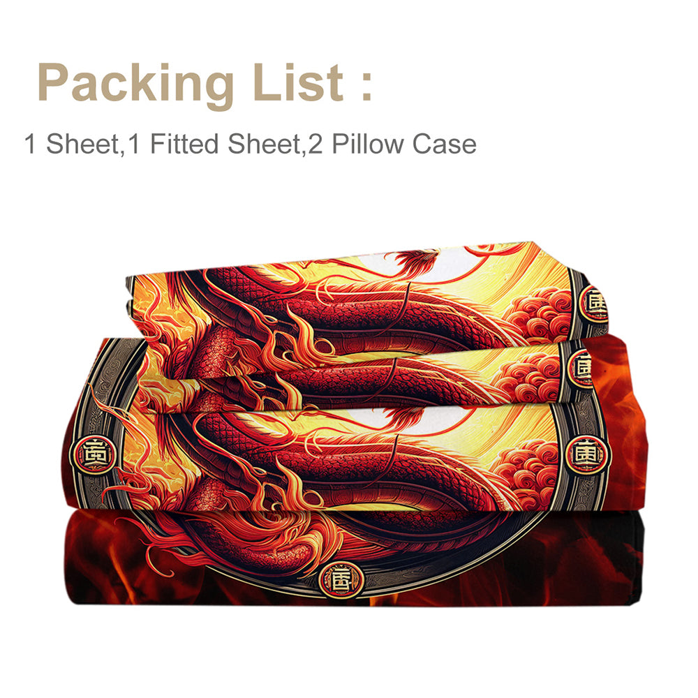 3D Dragon Gifts Flat Sheet Set Red Dragon Sheet Set For Kids Boys Girls Room Decor, Wildlife Pattern Bed Cover