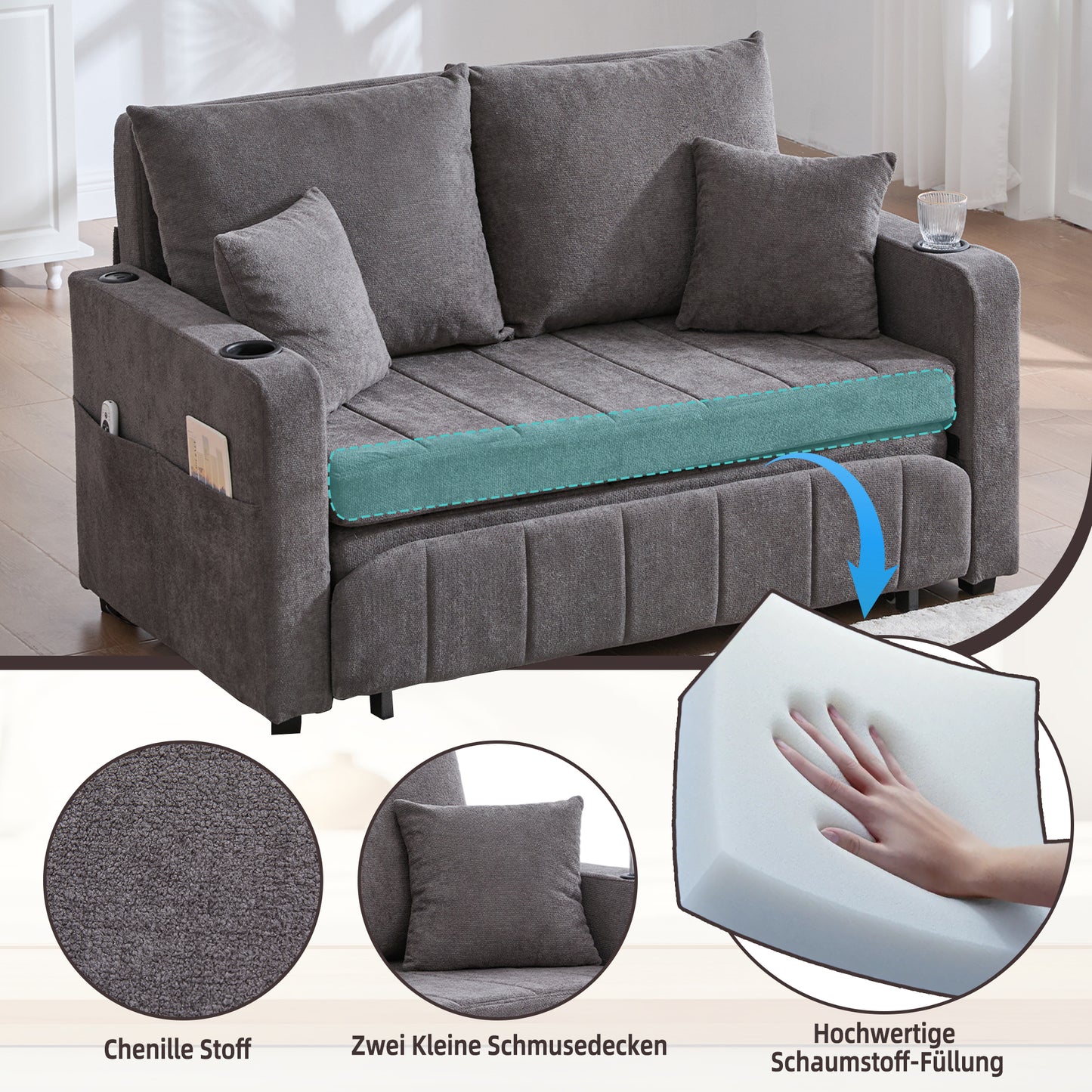 Multifunctional Fabric Sofa, Pull-out Folding Sofa, Usable As A Sofa Or Bed, With Storage Pockets On The Armrests, USB Charging Function And Cup Holders Grey Chenille Fabric