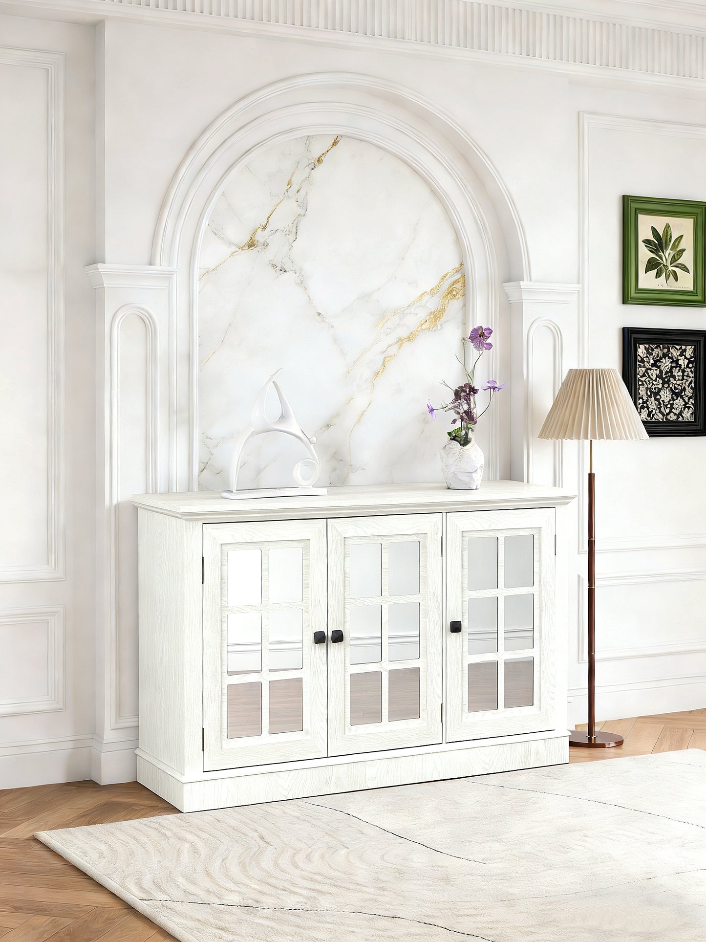 45 Wide Storage Cabinet With 3 Mirrored Acrylic Doors, Sideboard With Adjustable Shelves For Living Room Dinning Room Kitchen, Made With Decorative Laminates And MDF Substrate