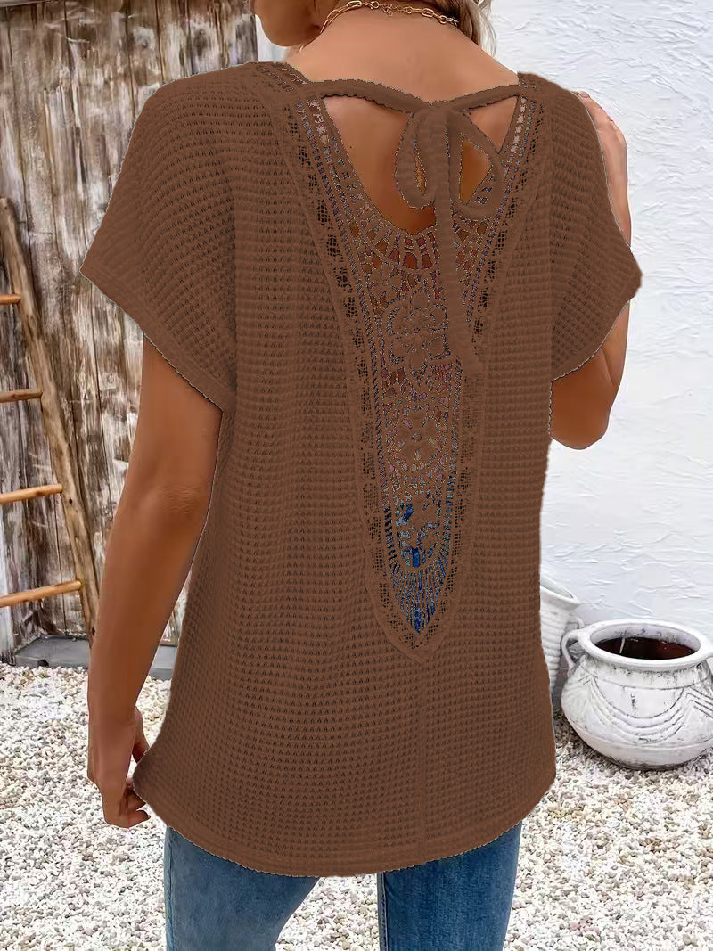 Womens Lace-Panel V-Neck Fashion T-Shirt