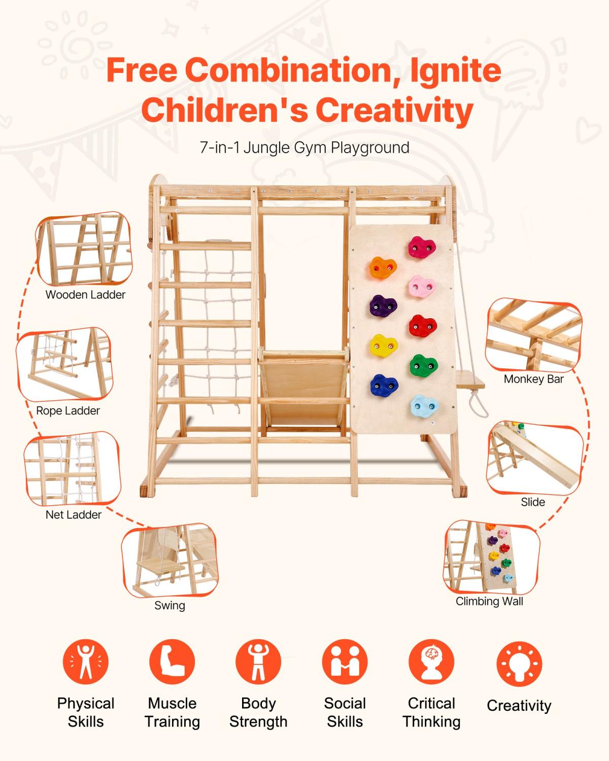 Indoor Jungle Gym, 7-in-1 Toddler Indoor Playground, 43 X 47.2 X 47 Inch, With Wood And Rope Ladder, Net Ladder, Swing, Monkey Bar, Slide, Climbing Wall, Wooden Indoor Climbing Toys For Kids