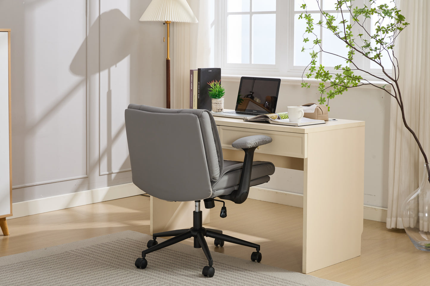 With Flip-Up Armrests Leather, Cross Legged Office Chair On Wheels, Comfy Swivel Chair With Wide Seat For Home Office, Vanity, Ergonomic Desk Chair Adjustable, GREY