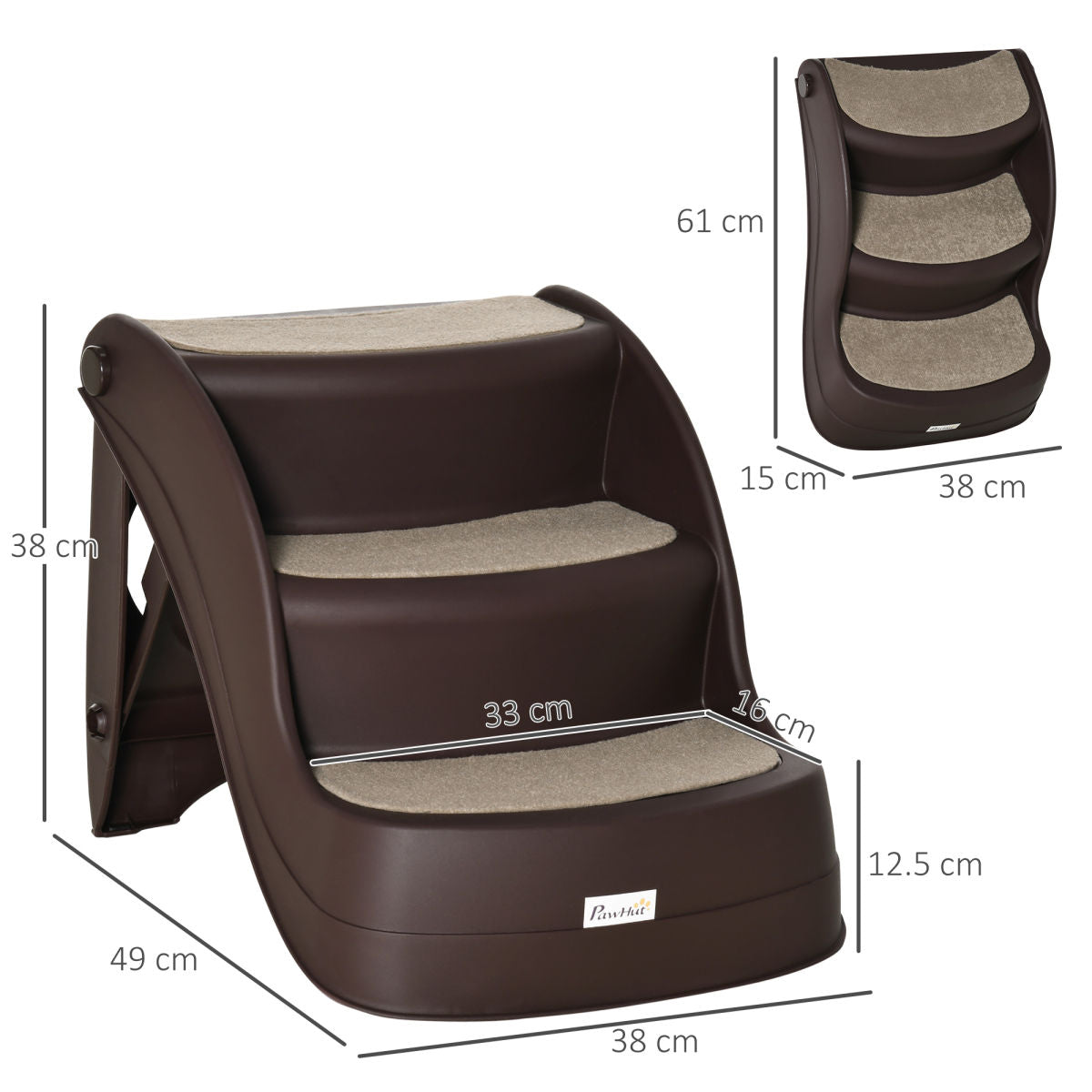 PawHut Foldable Dog Steps, Portable Dog Stairs 3-Step For High Beds, Sofas, Pet Stairs With Non-slip Mats For Small And Miniature Breeds, 49 X 38 X 38 Cm, Brown