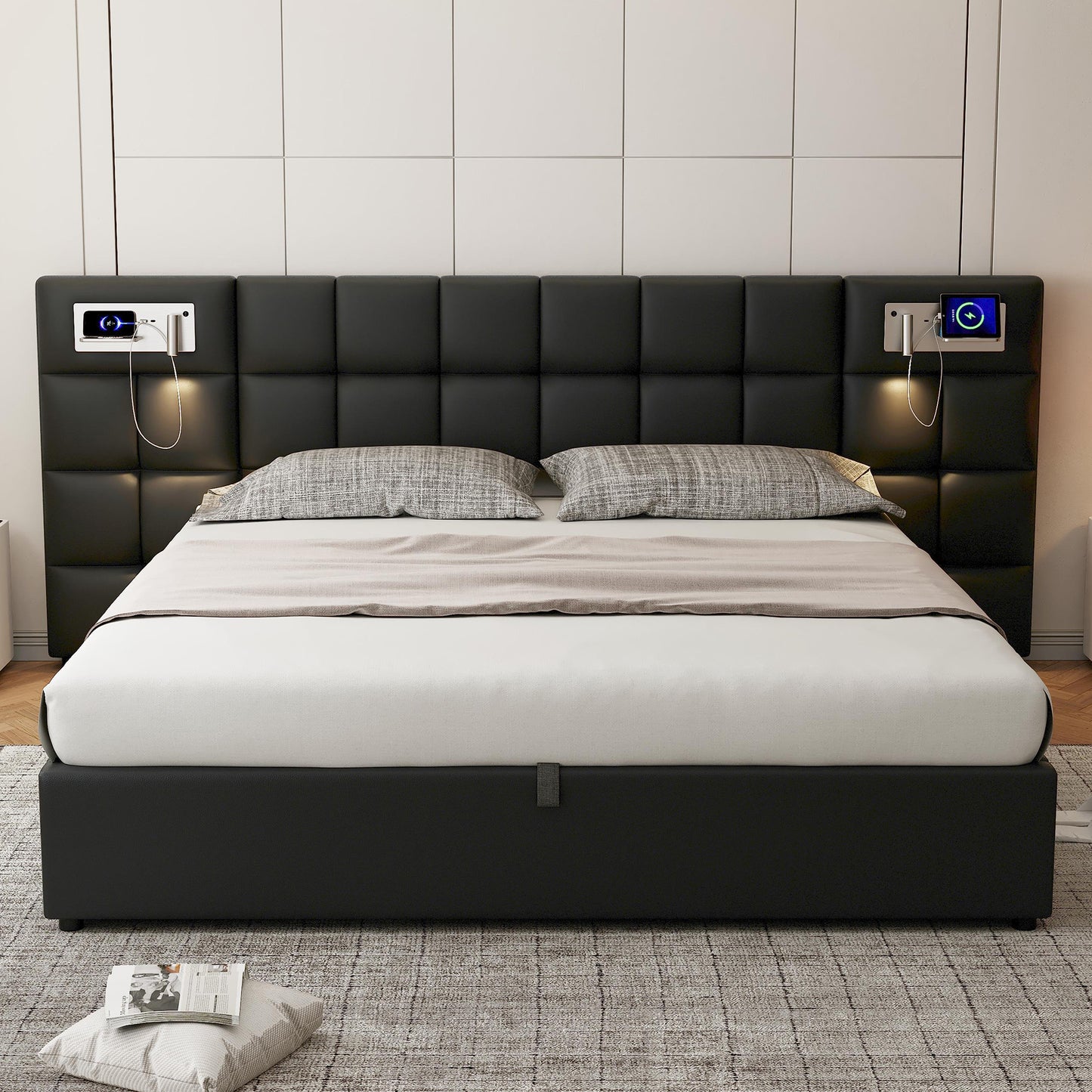 Upholstered Bed 180 X 200 Cm, Hydraulic Bed, With USB Port & Wireless Charging & Illuminated Lamp, With Storage Space, For Adults & Teenagers, Wooden Slatted Support, Easy Assembly, PU, Black