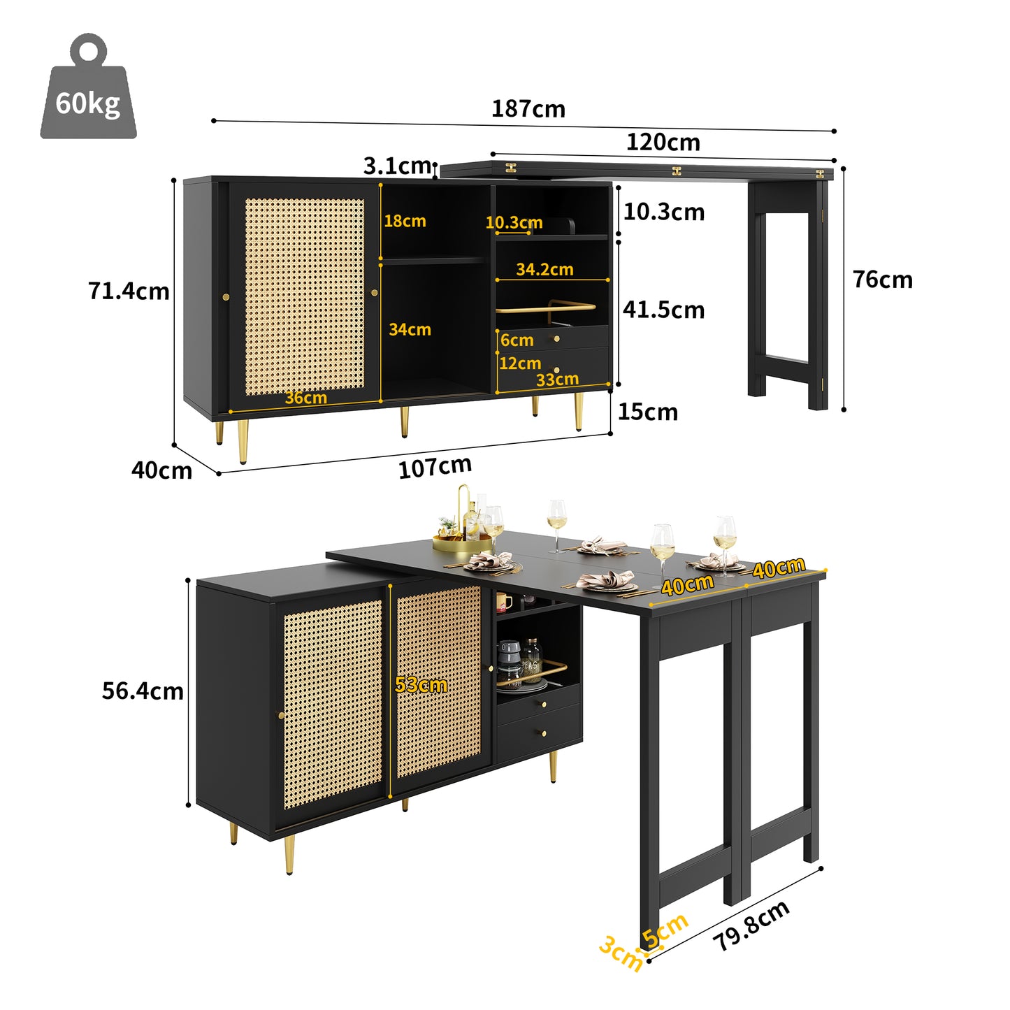 360 Rotating Bar Table Main Body 107 X 40 X 71.4 Cm , Black Extendable Design Bar Table, Storage Cabinet With Rattan Door Open Storage Shelf, Suitable For Kitchen And Dining Room