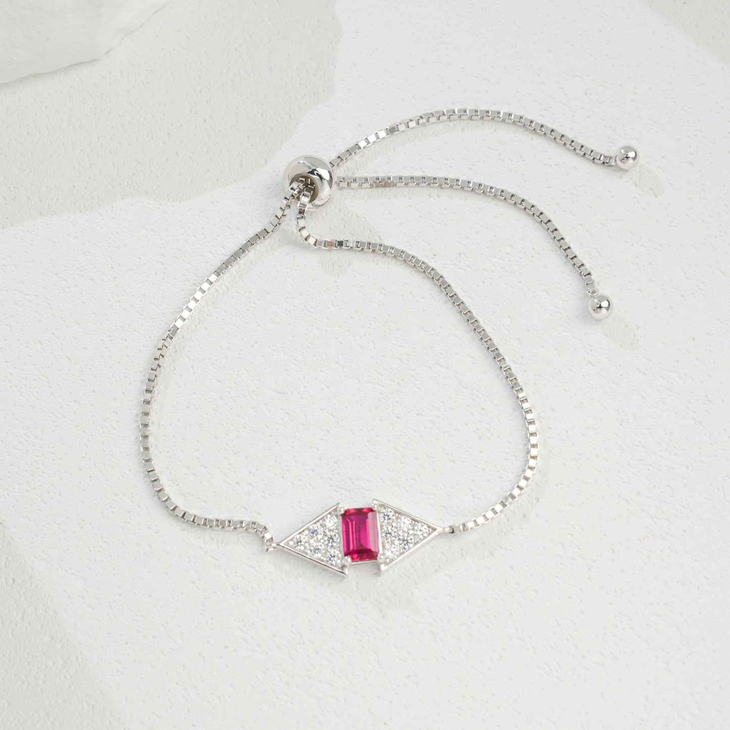 S925 Sterling Silver Rectangle 6x4mm Lab-Grown Emerald Ruby Bracelet 22cm Slider Adjustable Platinum Plated Gift Box