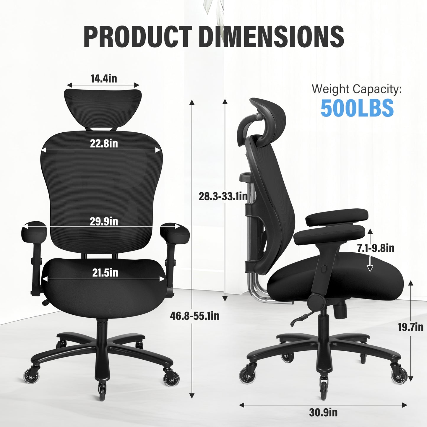 500LBS Big And Tall Office Chair Mesh Breathable,Gaming Chair With Adjustable Backrest Height & Headrest Angle & Adaptive Lumbar Lupport, Executive Computer Desk Chair With 2D Flip-Up Arms,Black.