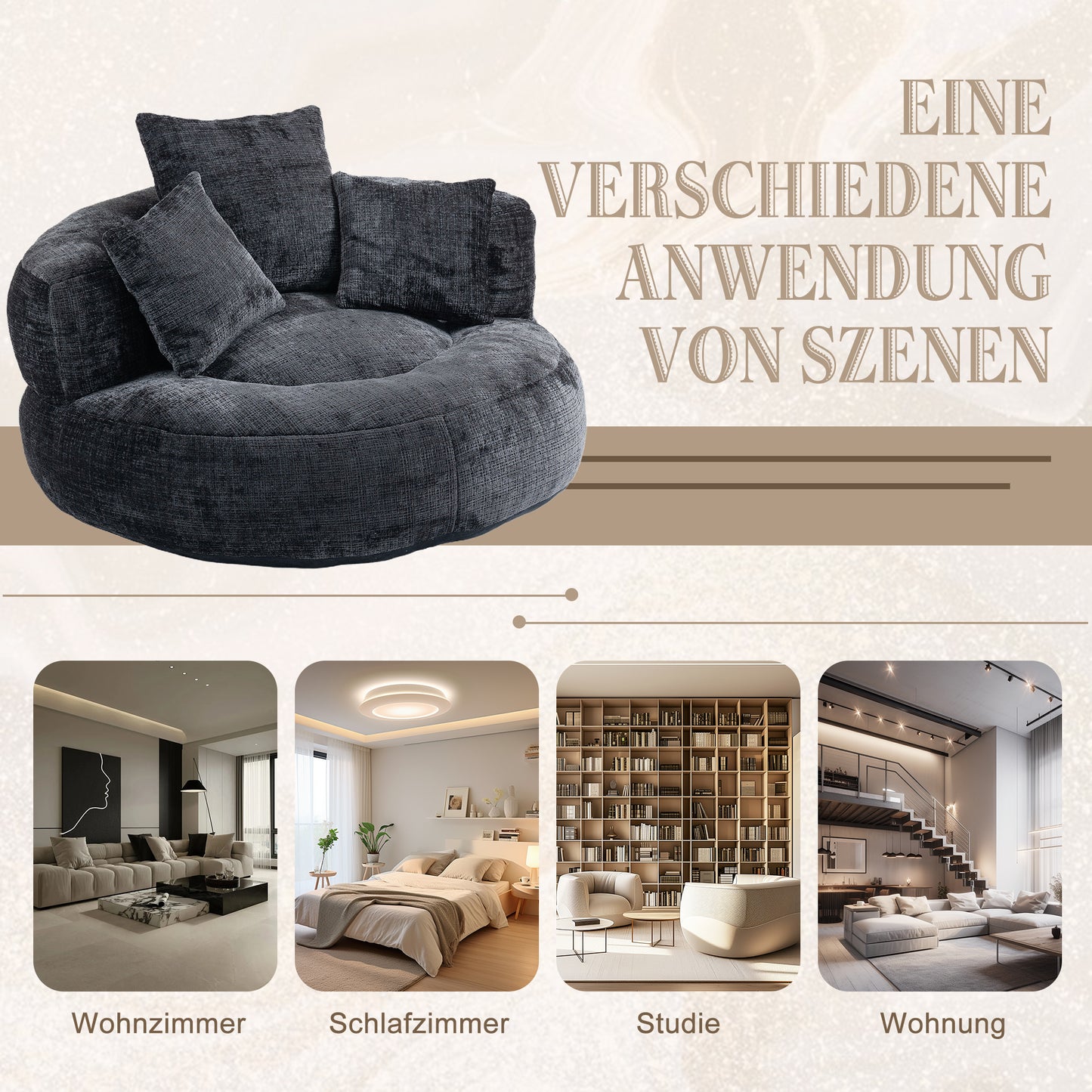 Lazy Sofa Durable Comfort Lounger High Back Bean Bag Chair Couch With Three Cushions For Adults And Kids, Indoor & Outdoor, Single Gaming Sofa Chair For Bedroom, Office Black Chenille