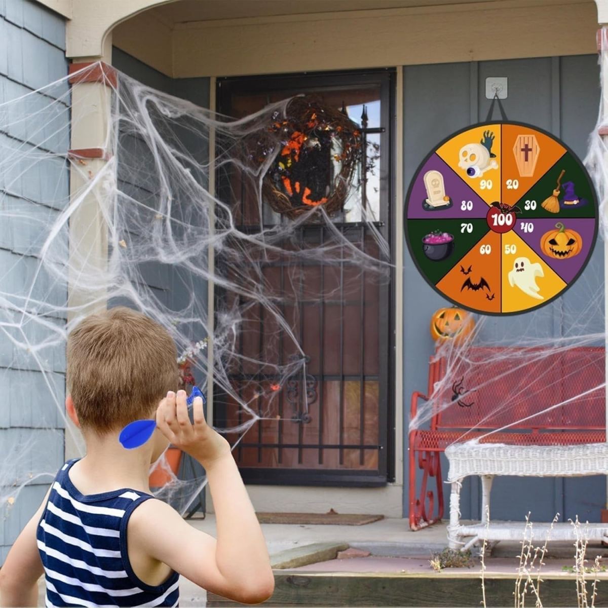 Halloween Spider Web Dartboard, Halloween Velcro Ball Game, 66 Cm Double-Sided Dart Game, Foldable Bat Throwing Game, Indoor/Outdoor Throwing Game
