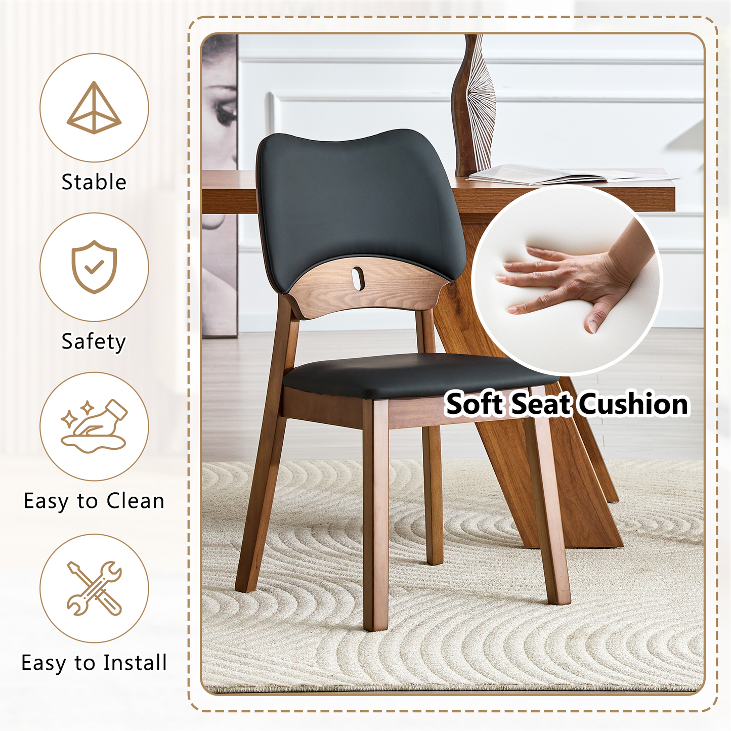 2 Walnut Colored Solid Wood Dining Chairs, With Black PU Soft Packaging On The Backrest And Seat Cushion, Hollowed Out Design Backrest, For Home Dining Chairs.