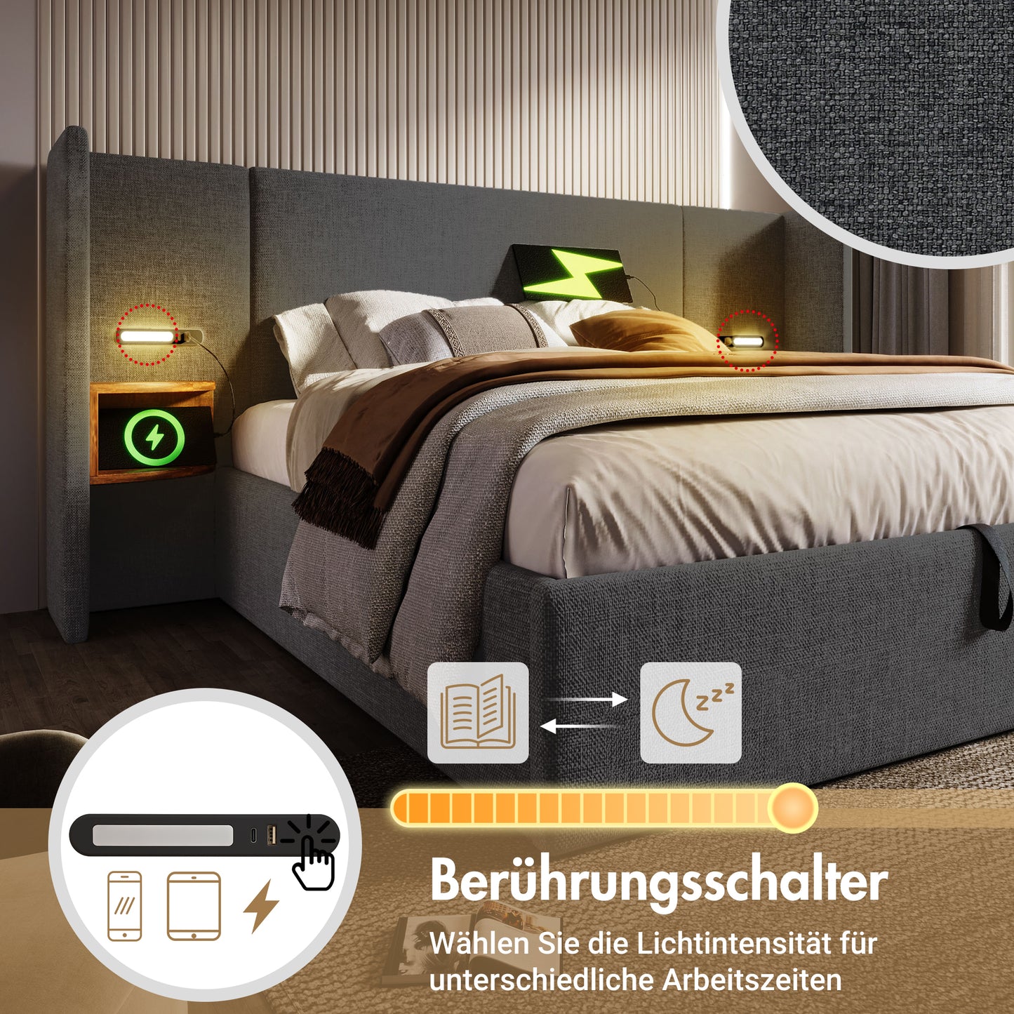 Upholstered Bed Double Bed 180x200 With Bedside Table, Reading Lamp And USB Type-C Charging Function, Bed System Storage Bed Frame With Slatted Frame Made Of Solid Wood And Metal, Grey, Linen Without