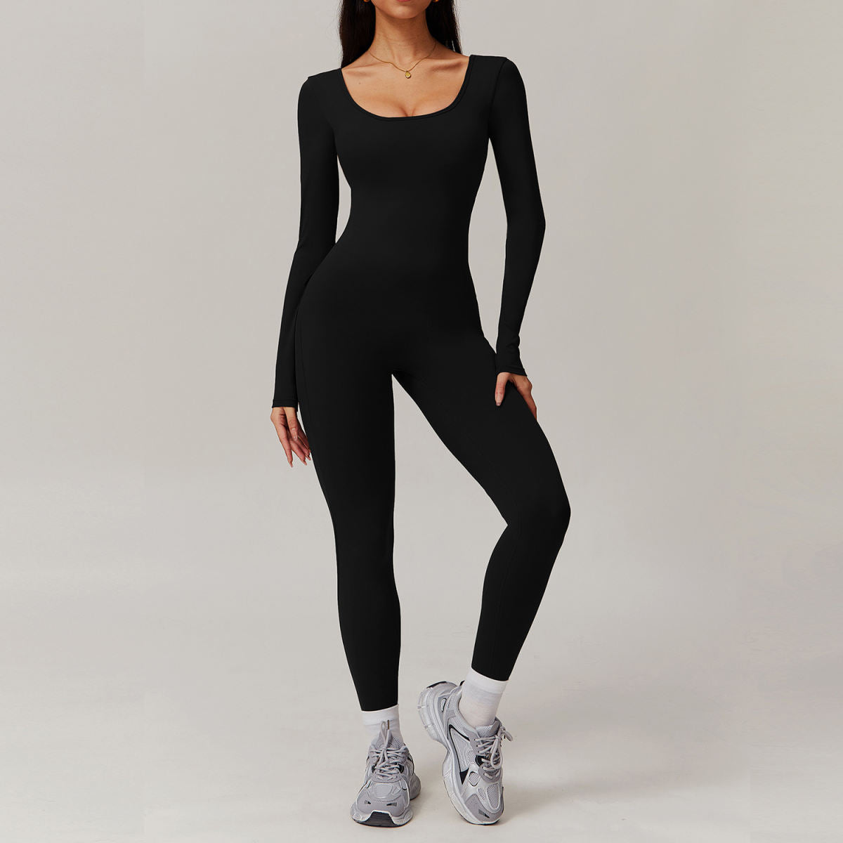 Women's Solid Color Back Nude Feel Long Sleeve Yoga Jumpsuit