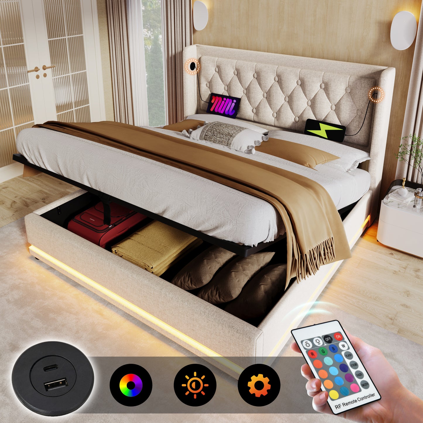 Upholstered Bed Double Bed 140x200 Cm, Beige Cotton Material Hydraulic Storage Bed, Upholstered Headboard With USB Type-C Charging Function, 3-sided LED Function Without Mattress