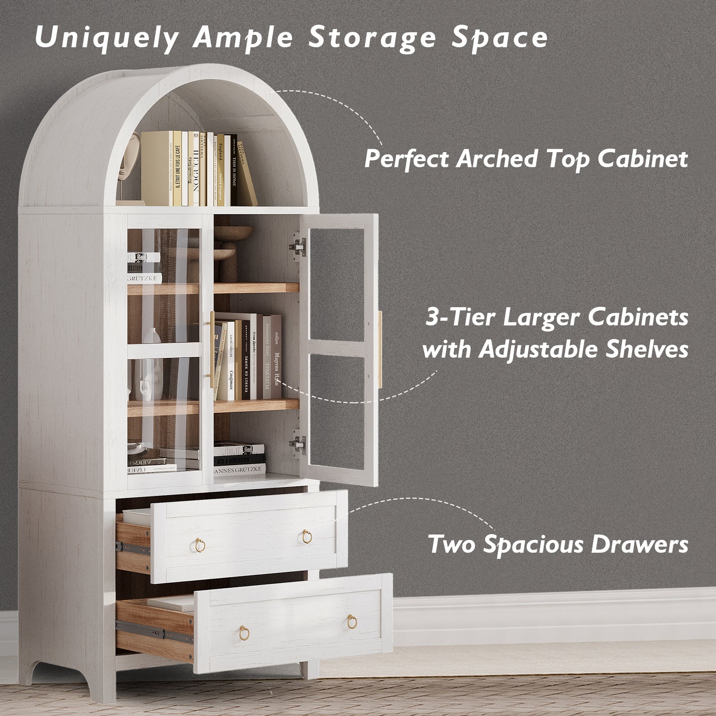K&K 71 Tall Arched Kitchen Pantry Cabinet With 2 Large Drawers, Modern Farmhouse Kitchen Storage Cabinets With Adjustable Shelves, Glass Door, Wood Versatile Cupboard For Kitchens, Dining Room, White