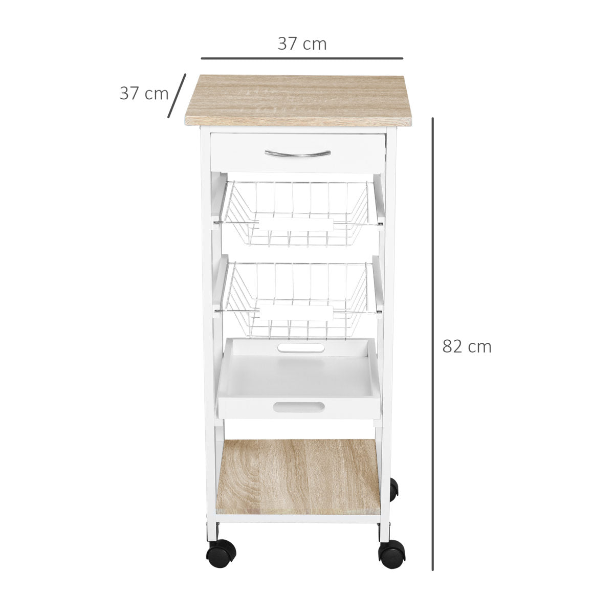 Mobile Rolling Kitchen Island Trolley For Home W Metal Baskets Trays Shelves Wheels Compact Stylish Storage White