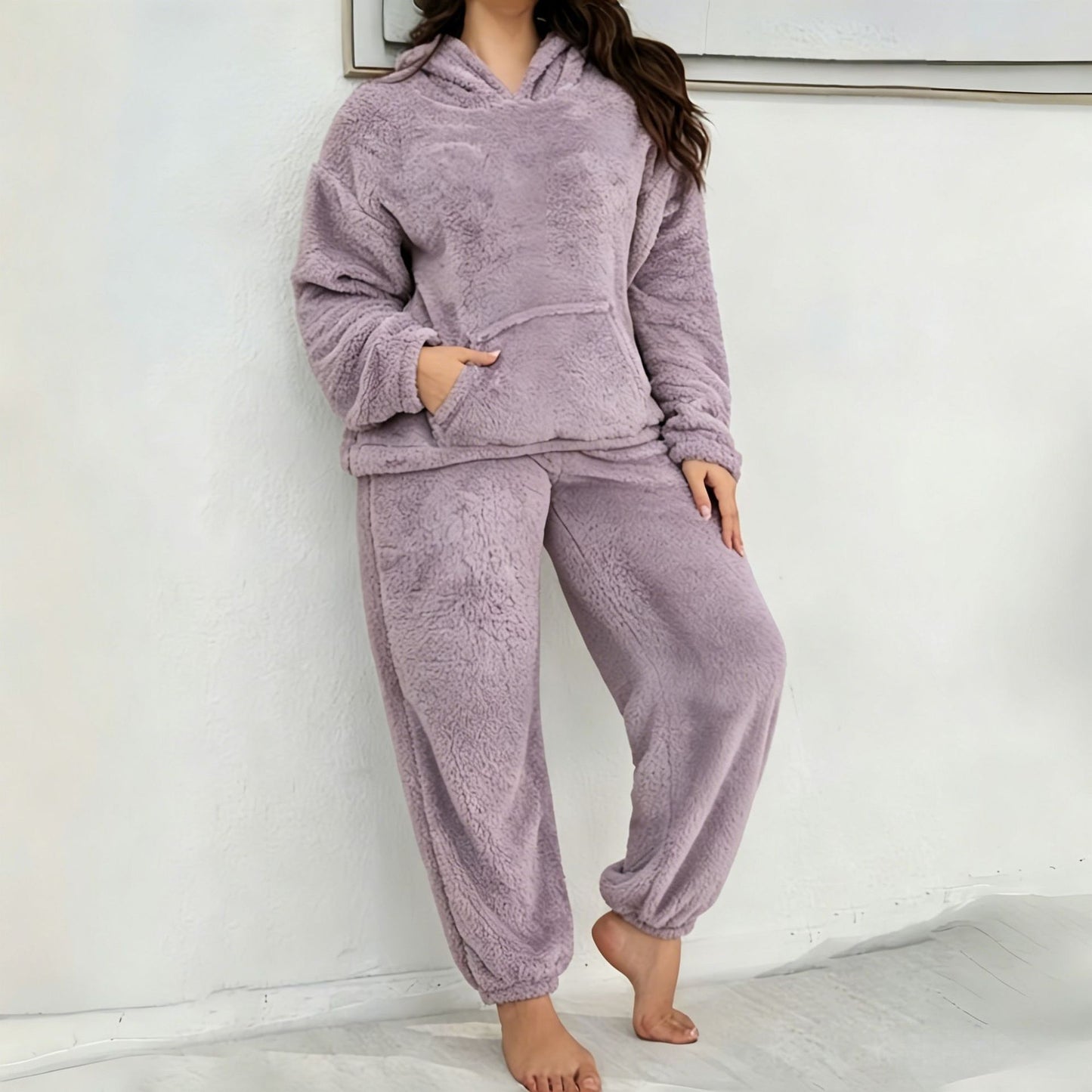 Hooded Long-sleeve Casual Pants With Patch Pockets Home Two-piece Set
