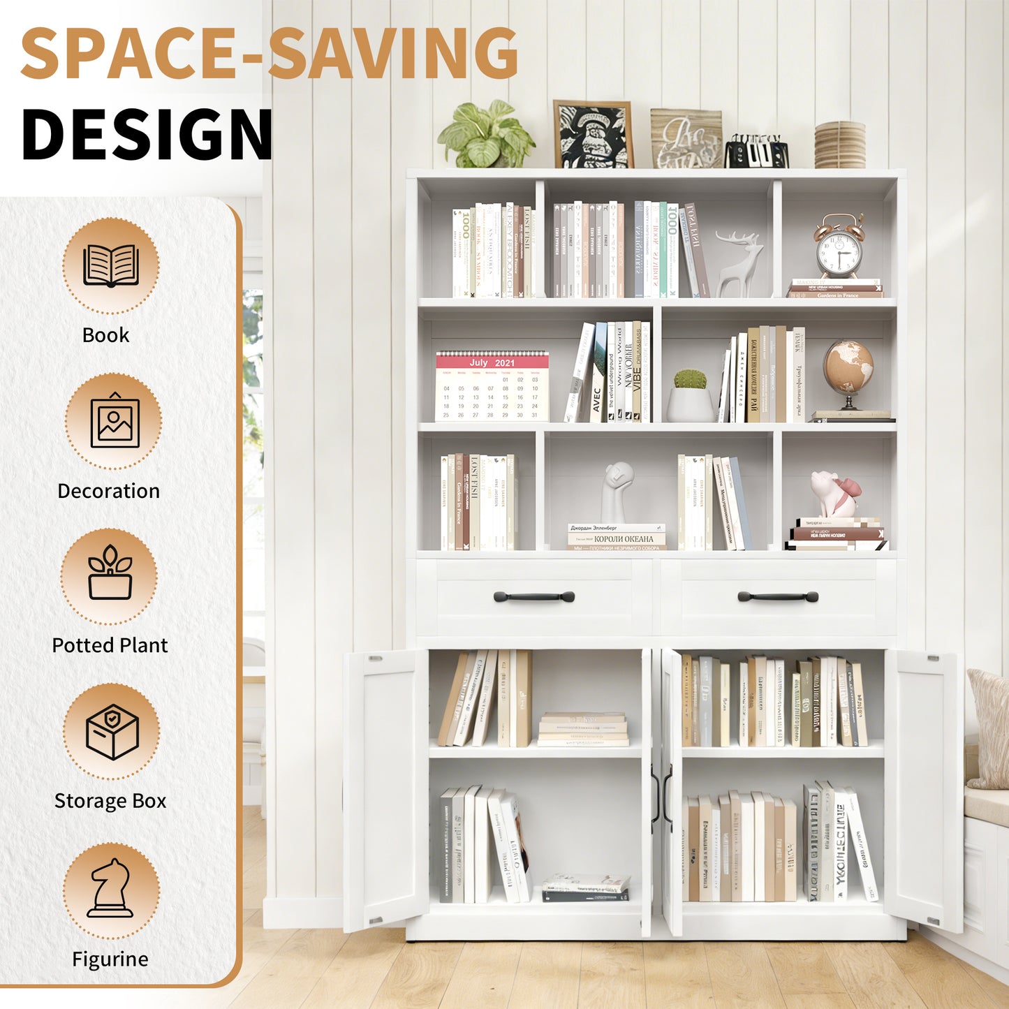 71 H Metal Bookcase With 2 Doors & 2 Drawers, Tall Storage Cabinet With Fixed Open Shelves For Home Office, Living Room, Modern Bookshelf, White