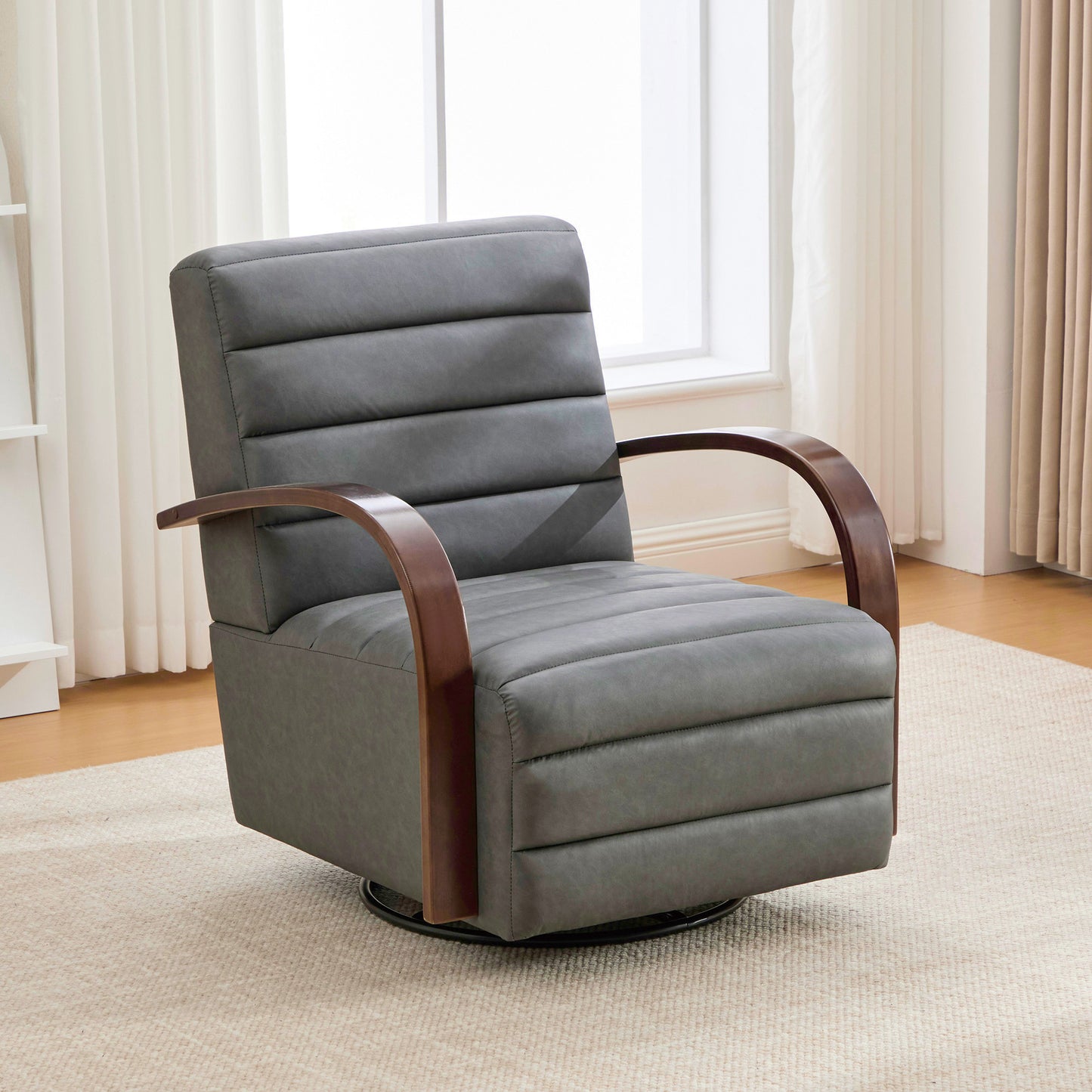 30.7 W Modern Upholstered 360 Swivel Accent Chair With Solid Wood Armrests And Comfy Channel Tufted Lounge Reading Chair, Single Sofa Armchair For Hotel Bedroom Living Room Office And Bedroom. Gray