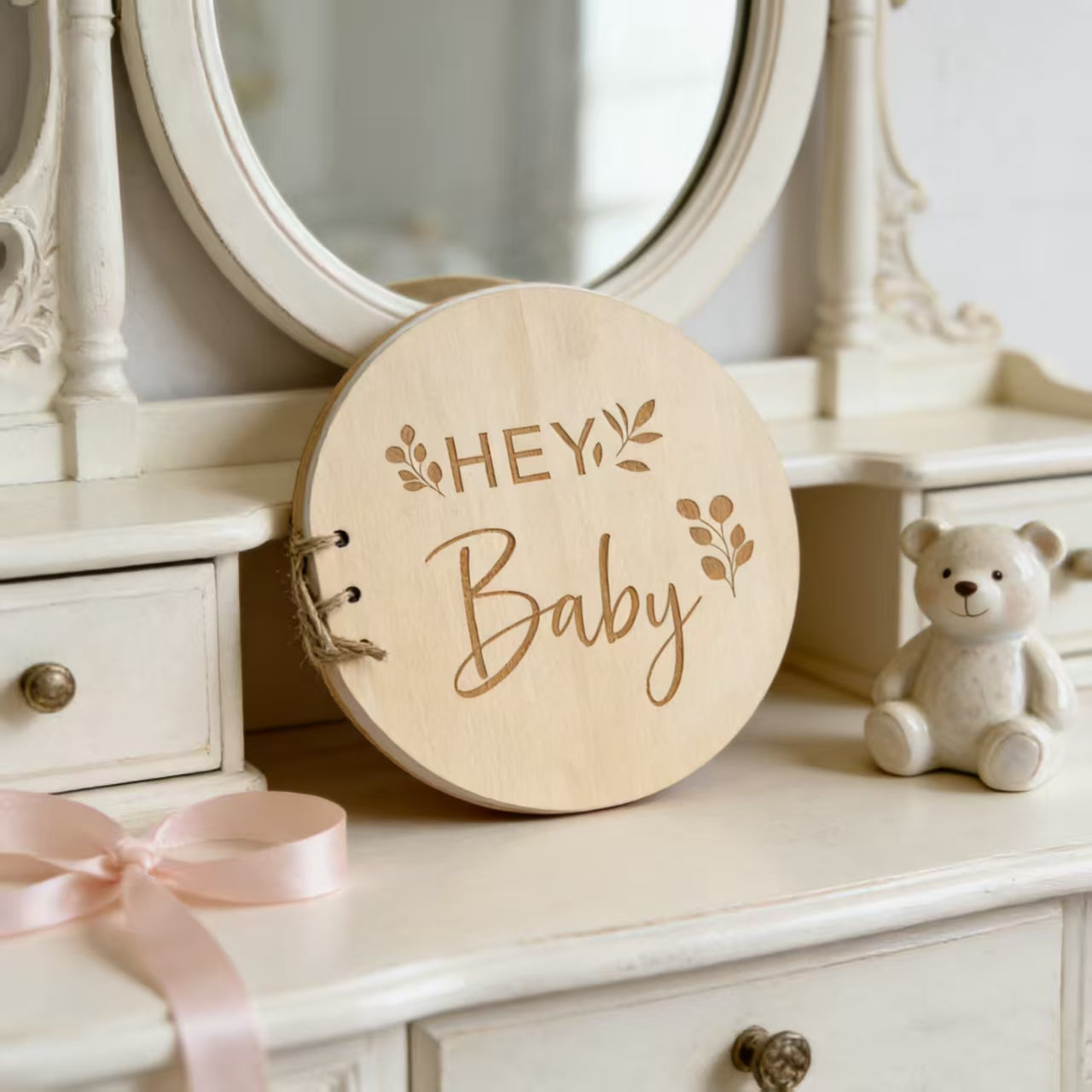 Round Wooden Hey Baby Guest Book, Laser Engraved Floral Baby Shower Signature Book, Natural Wood Baby Baptism Sign-in Book For Gender Reveal Party Decor