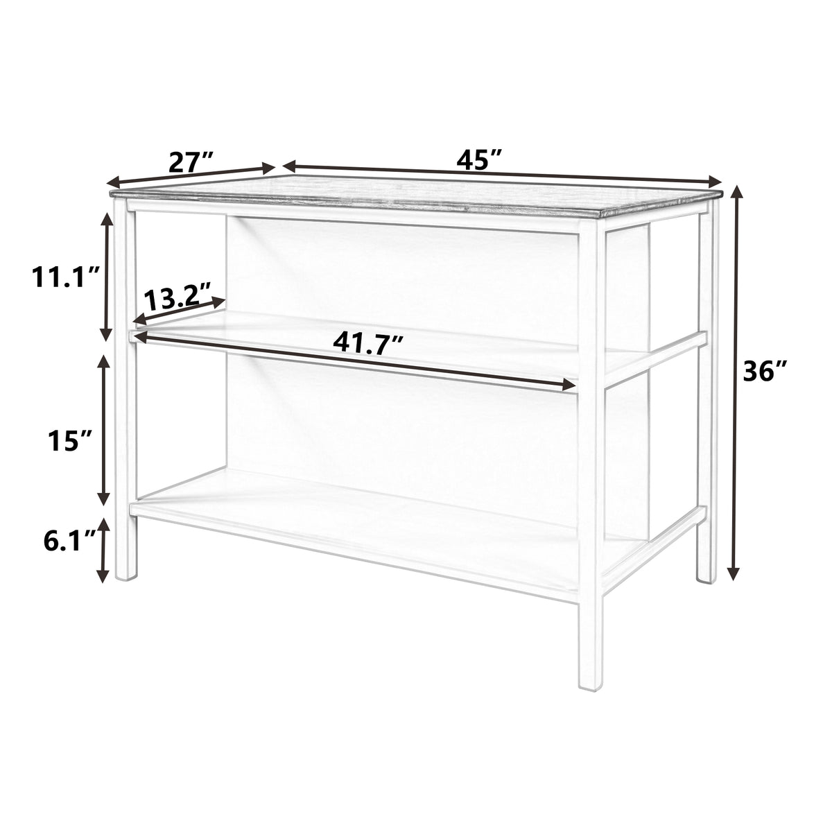 TOPMAx Solid Wood Rustic 45 Stationary Kitchen Island Rubber Wood Butcher Block Dining Table Prep Table With 2 Open Shelves For Small Places Walnut Cream White